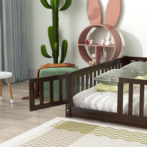 i-POOK Queen Size Montessori Bed Frame with Guardrails and Door in Espresso