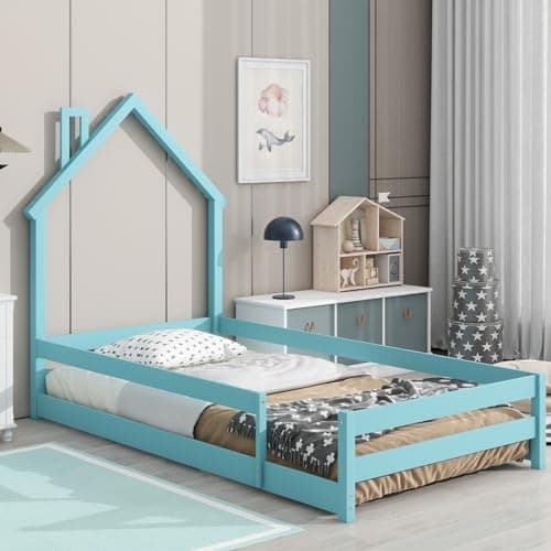 Montessori Twin Floor Bed with House-Shaped Headboard and Fence Guardrails for Toddlers in Blue