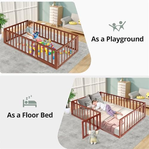 Montessori Floor Bed for Kids, Queen Size with Fence & Door - Walnut