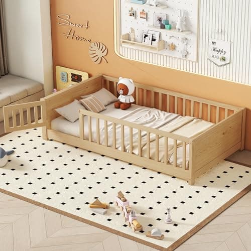 Full Size Montessori Floor Bed with High Fence, Natural Wood for Kids