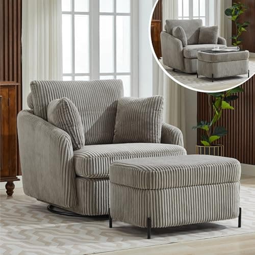 Oversized Green Chenille Swivel Chair with Ottoman