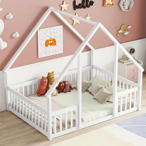 Wooden Montessori Full Floor Bed for Kids with Fence, Playhouse Play Bed - White