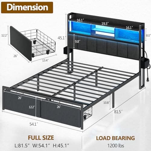 Furnulem Full Size Bed Frame with Storage & Charging, LED Lights, Black