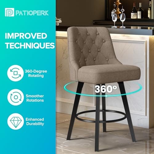 Retro Upholstered Swivel Bar Stools, 26" H, Tan Linen, 360 Rotation, Kitchen Island Chairs
