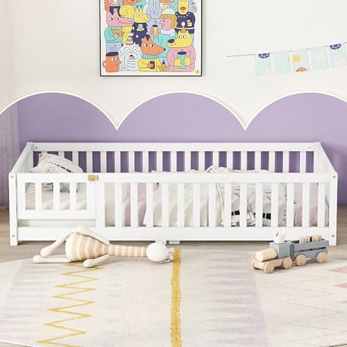 Wooden Montessori Twin Floor Bed with Slats and Support Bar
