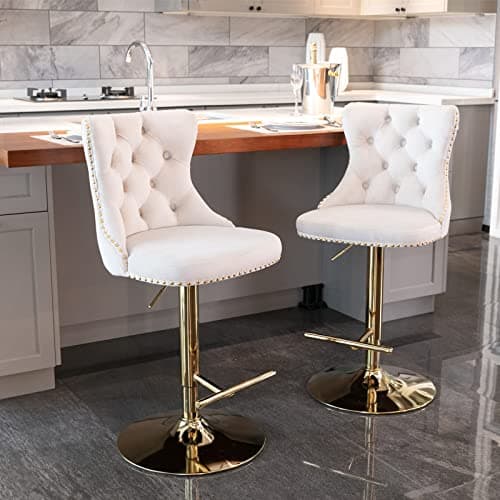 Set of 2 Velvet Swivel Bar Stools with Nailheads Trim, Button Tufted Back and Golden Footrest, Beige