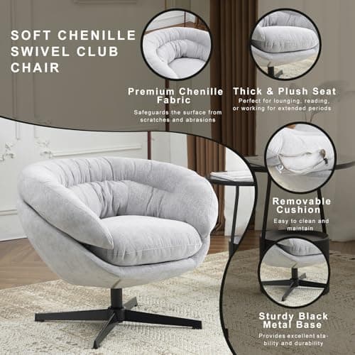 360 Degree Swivel Chenille Upholstered Accent Chair, Gray Metal Base Office Chair