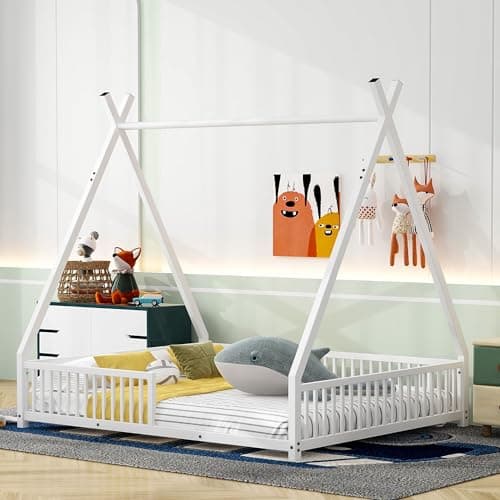 Bellemave Metal Twin Floor Bed for Kids, Black with Roof