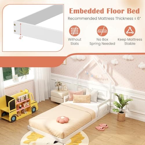 Giantex White Wood Floor Bed for Kids with Chimney Headboard & Handrail