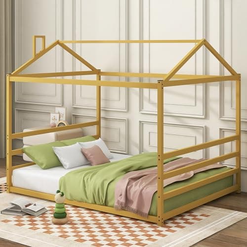 Queen Size Metal House Bed for Kids, Black