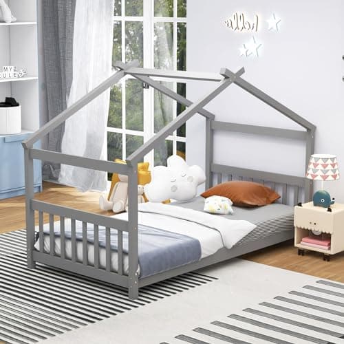 KOMFOTT Twin Wood House Bed for Kids, White, No Box Spring Needed
