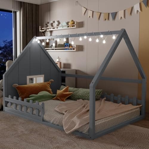 Merax Full Size Montessori Floor Bed with LED Light, Gray