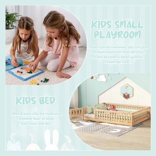Full-Size Montessori Floor Bed with Slats & Center Support Bar (Natural)