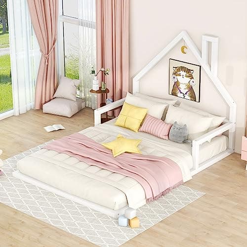 i-POOK White Wood Floor Bed with House-Shaped Headboard