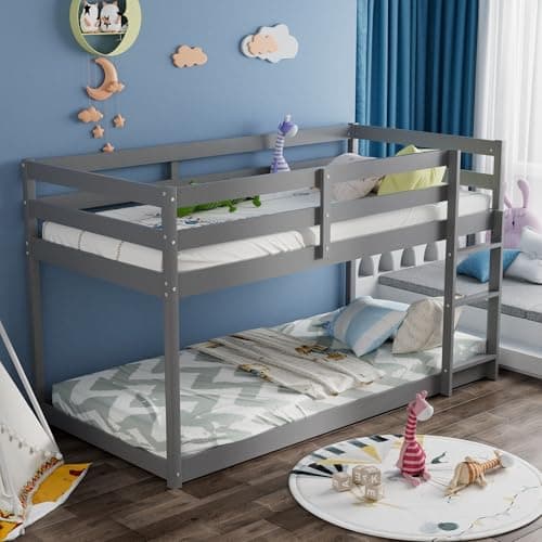Twin Over Twin Bunk Bed with Ladder & Full-Length Guardrail for Dormitory and Bedroom, Grey Color, 400LBS Capacity