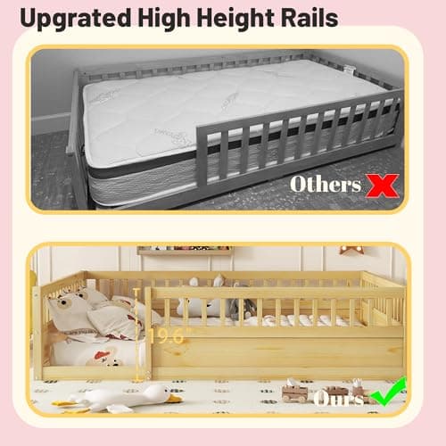 Full Size Montessori Floor Bed with High Fence, Natural Wood for Kids