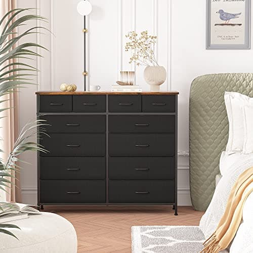 Black Tall Fabric Drawer Dresser with 12 Deep Drawers for Bedroom, Closet, and More