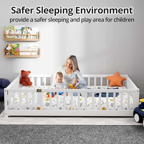 JINS&VICO Full Size Montessori Floor Bed with Door & Safety Guards, White