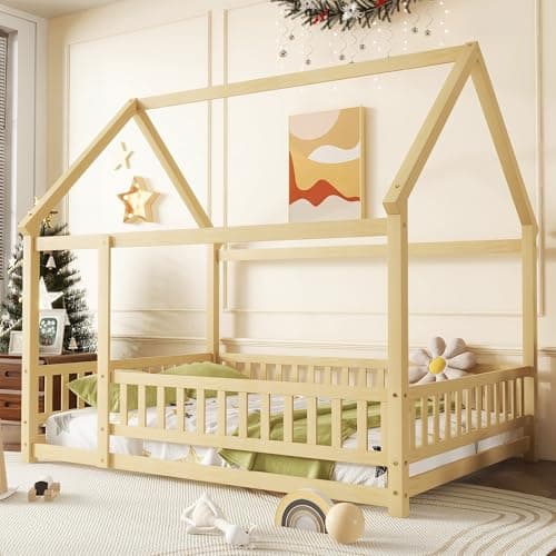 Twin Bed Frames for Kids, Montessori Wood Fence Railings, Natural Tone