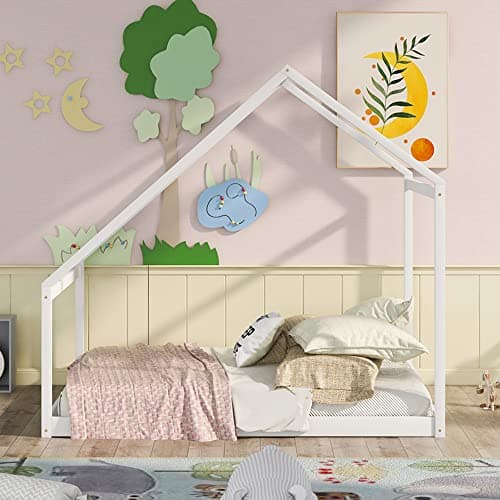 Wooden House Twin Bed Frame for Boys and Girls Bedroom with Roof and Box Spring-Less Support