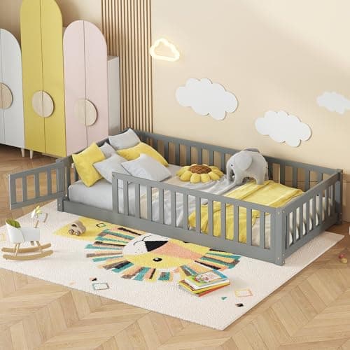 Twin Size Montessori Floor Bed with Door & Safety Guardrails, Gray