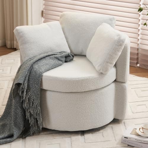 Swivel Accent Chair with Storage, Teddy Barrel Chair with Metal Base, Single Sofa Chair for Living Room, Black Color