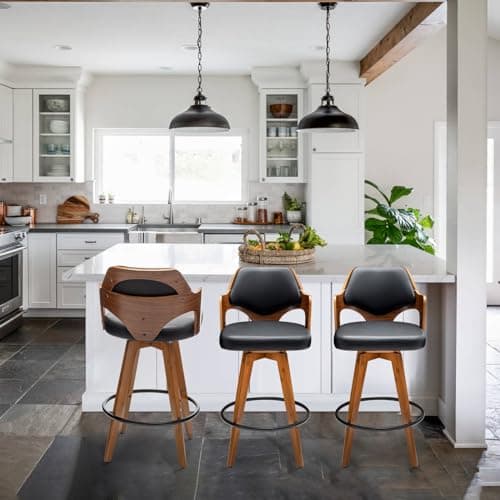Black PU Upholstered Bamboo Leg Bar Stools Set of 2 Counter Height