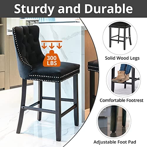 Velvet Counter Height Bar Stools Set of 2, Button Tufted with Nailheads Trim