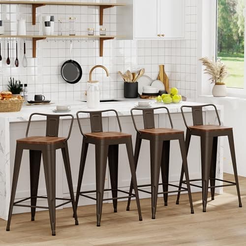 WENTMENT Black Wood Seat Counter Height Bar Stool Set of 4