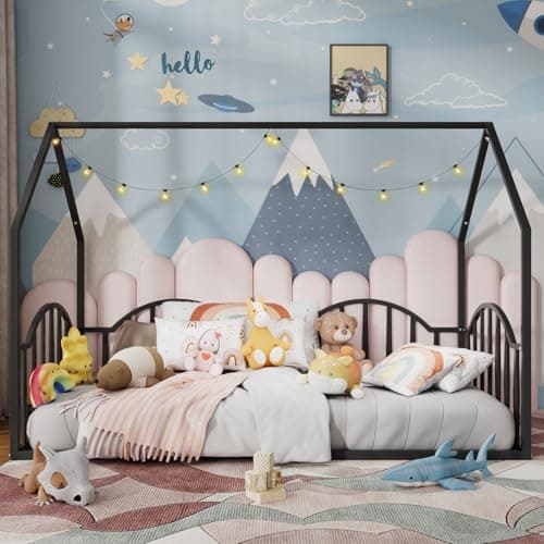 Twin Metal Floor Bed with Roof for Kids, No Box Spring Needed, Black