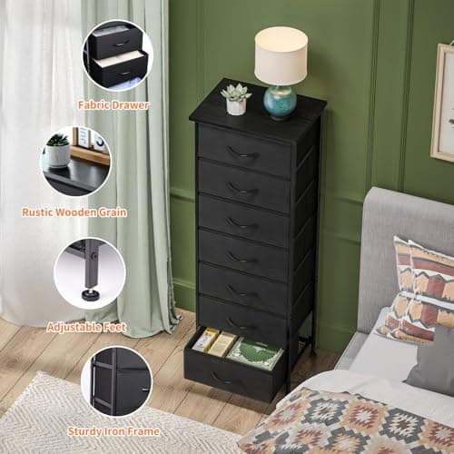 Black Tall Dresser with 7 Fabric Drawers for Bedroom