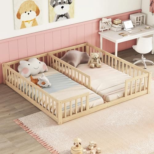 i-POOK Double Twin Bed Frames with Fence for Kids