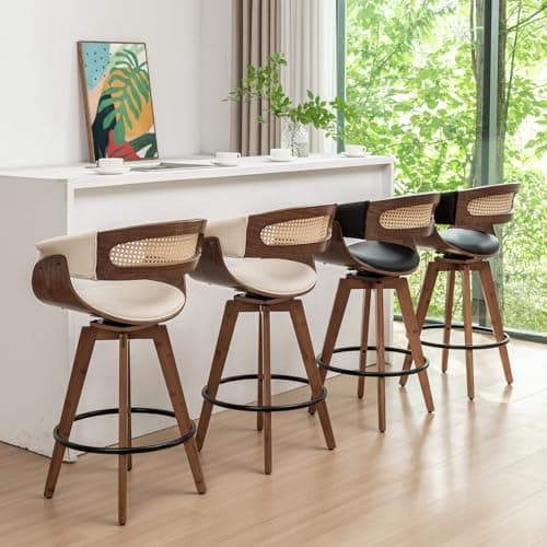 Mid Century Modern Walnut Beige Rattan Swivel Bar Stools with Cane Back