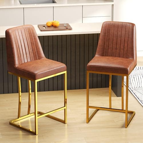 LSSBOUGHT Gold Metal Counter Height Bar Stools Set of 4, Beige Padded Leathaire Back
