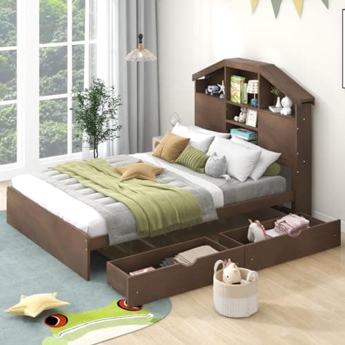 i-POOK House-Shaped Storage Full Bed Frame with Drawers for Kids Teens Adults Walnut