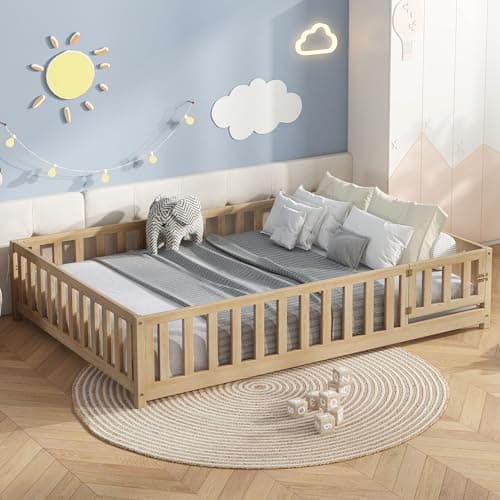 Bellemave Full Size Montessori Bed Frame with Door, Fence & Natural Wood
