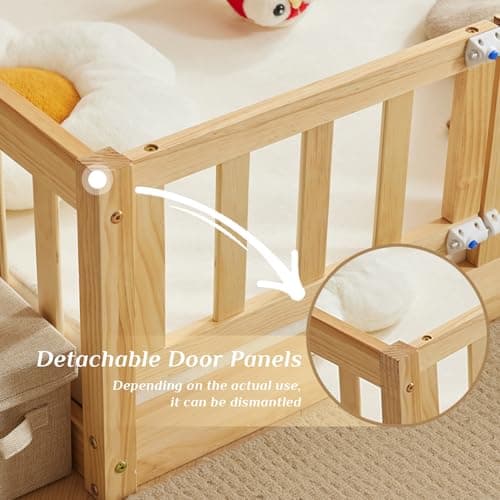 Montessori Toddler Floor Bed with Door and Fence for Kids (Natural)