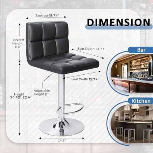 Homall Black PU Leather Adjustable Bar Stools for Kitchen Counter (Set of 2)