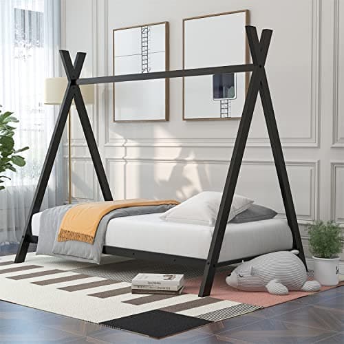 i-POOK Twin Size Metal Floor Bed with X-Shaped Frame, Pink
