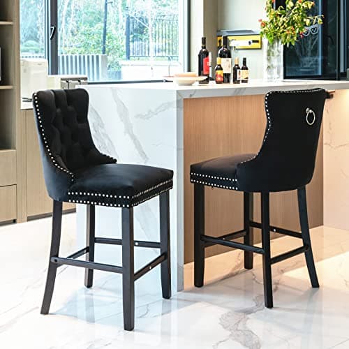 Velvet Counter Height Bar Stools Set of 2, Button Tufted with Nailheads Trim