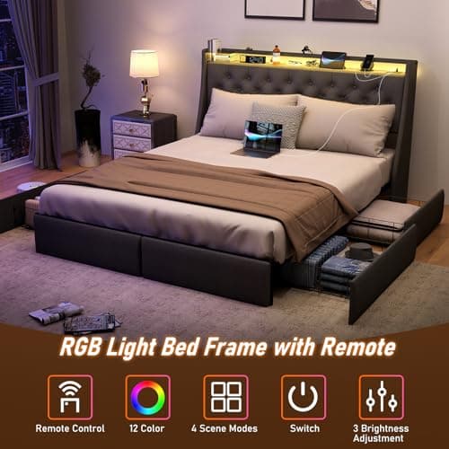 SADENICEL Full Size Bed Frame with Storage and LED Light, Charging Station, Grey
