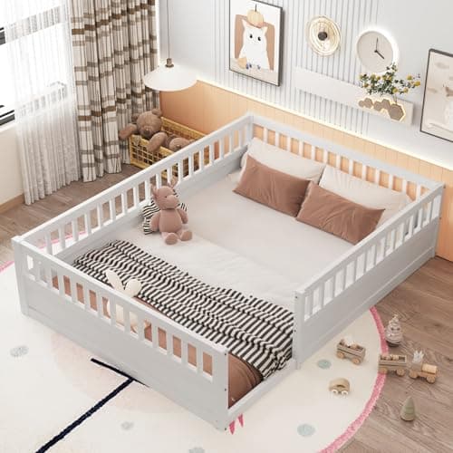 Montessori Ball & Cast Full Floor Bed Frame with Fence, White, No Box Spring Needed