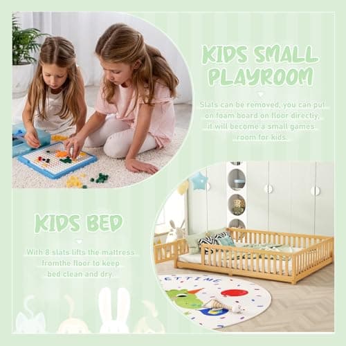 Montessori Floor Bed with Safety Guardrails and Door for Kids