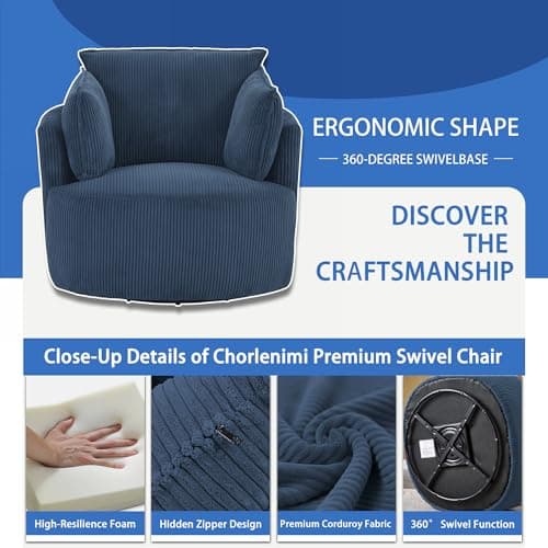 Blue Swivel Accent Chair with Detachable Cushions for Living Room