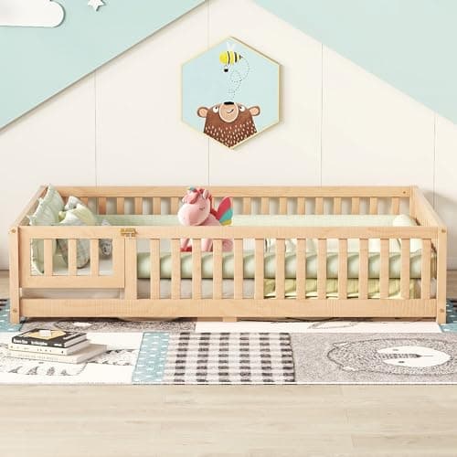 Full-Size Montessori Floor Bed with Slats & Center Support Bar (Natural)