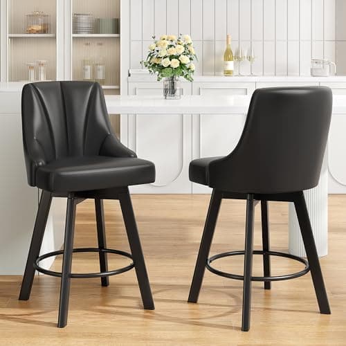 Black Leather Back Bar Stools, 24" Counter Height, Set of 2