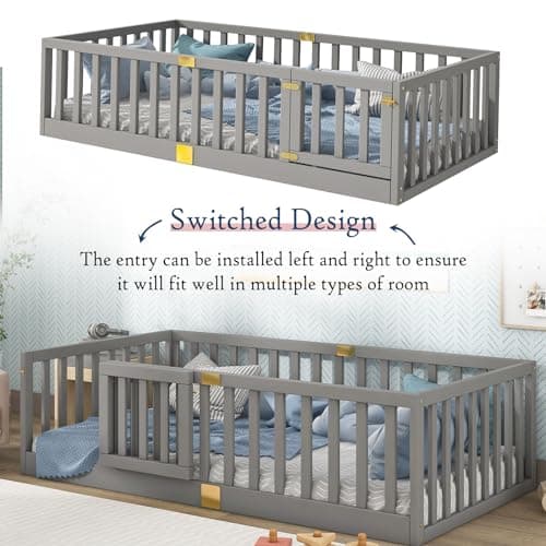Twin Montessori Floor Bed with High Rails, Grey