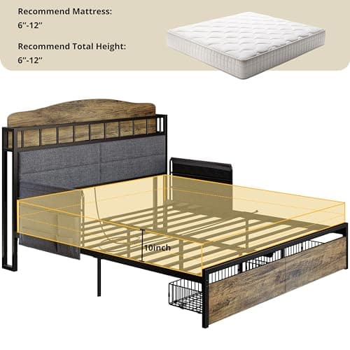 Multifunctional Queen Bed Frame with Guardrail, Bedside Caddy, and Charging Station