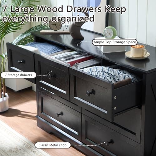 Modern LDTTCUK Bedroom Dresser with 7 Drawers & Charging Station, Black