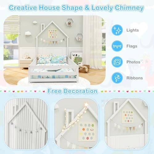 Giantex House-Shaped Montessori Twin Floor Bed with Headboard & Guardrail (White)